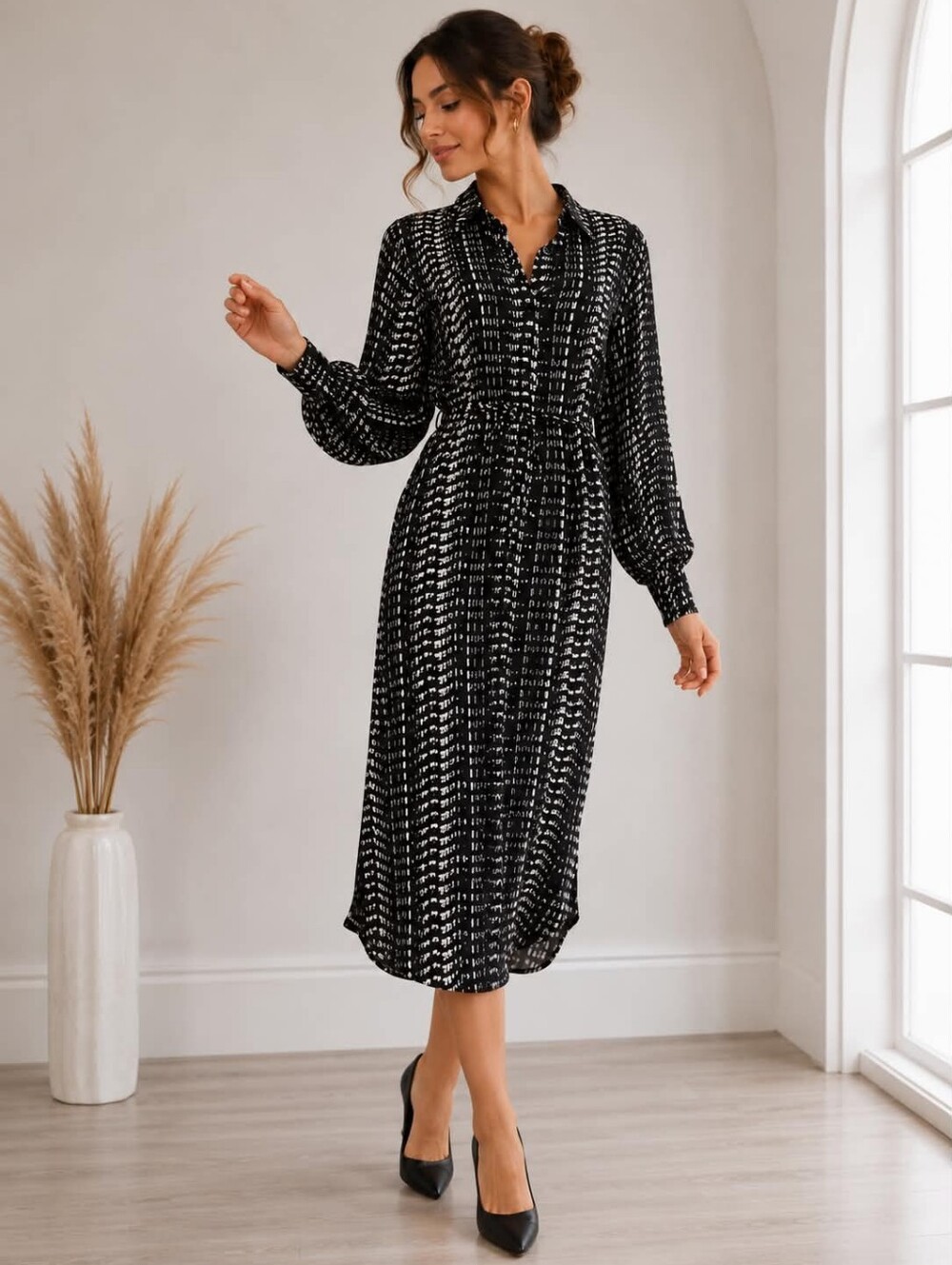 KAFFE Black and White Midi Dress with Bishop Sleeves